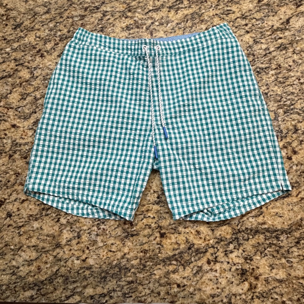 Bonobos Mens Gingham Seersucker Swim Trunks Green White 7 Inch Inseam Size M ws